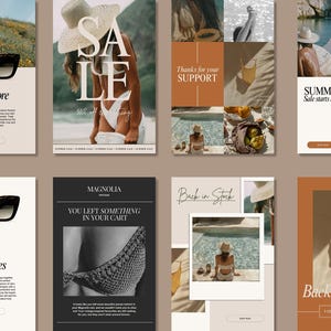 Könnte beinhalten: Eine Collage aus Bildern, die einen Sommerschlussverkauf bewerben. Die Bilder zeigen eine Frau in einem weißen Badeanzug und einem Strohhut, einen Pool und eine Strandszene. Der Text "SUMMER Sale starts now!" wird auf weißem Hintergrund angezeigt.