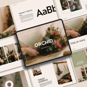 Pode incluir: Apresentação digital das diretrizes da marca "ORCHID" com arranjos florais. O layout inclui elementos de texto como "Sobre nós", "Tipo de letra principal" e "Público-alvo". A paleta de cores é suave, com tons bege e verde suave.
