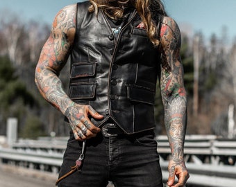 Chaleco de motociclista de piel de cordero genuina negra vintage para hombre, motocicleta envejecida