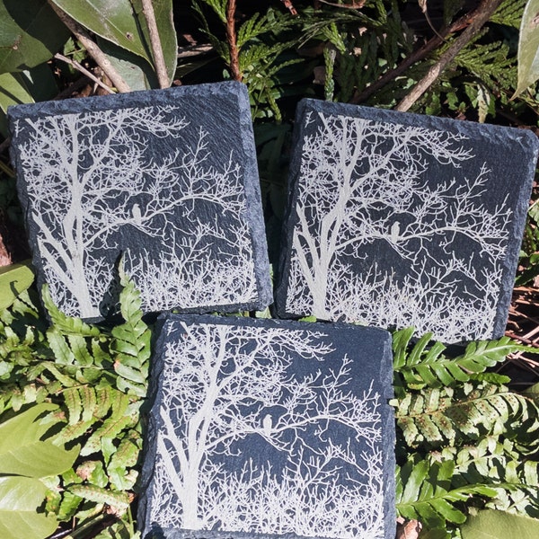 Slate Coaster, Perched Raven Drink Coasters, Engraved Coasters, Unique Stone Coaster, Housewarming Gift