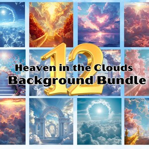Puede incluir: Un collage digital de 12 imágenes que presentan una variedad de fondos de nubes celestiales con escaleras que conducen a una luz brillante. El texto "Heaven in the Clouds Background Bundle" se muestra en letras doradas.
