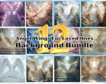 Angel Wings 12 Image Bundle, Fondos conmemorativos para seres queridos, Escalera al cielo, Fondo de ángel para fotos personalizadas, Archivo digital