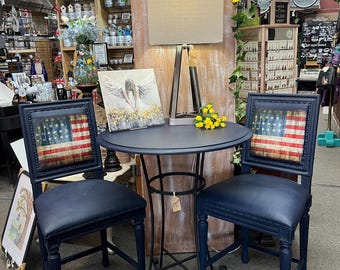 Reloved and Refinished Pub Table with 2 American Flag Chairs