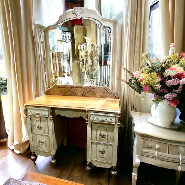 SOLD! Gorgeous Antique Dresser/Vanity with Mirror and Chair