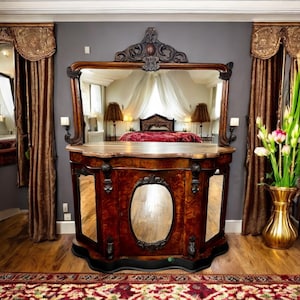 Victorian Era Burl Walnut Mirrored Credenza Cabinet 1860