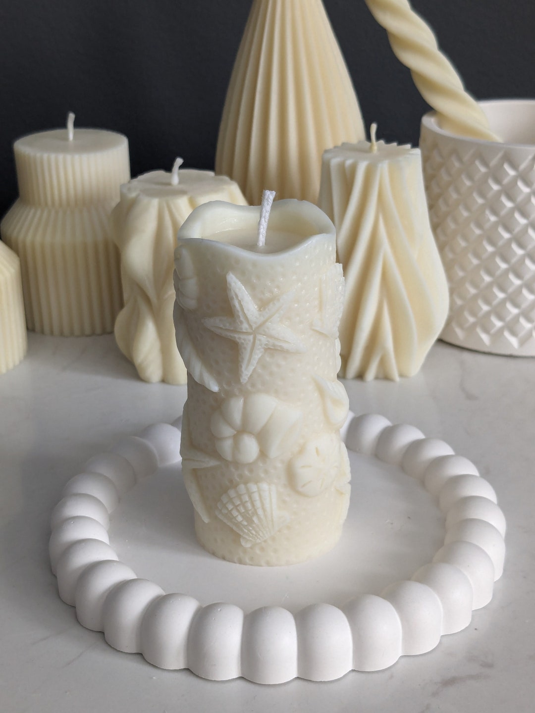 Handmade Maritime Pillar Candle in Soy and Beeswax Blend, Seashell
