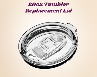 May include: A clear replacement lid for a 20oz tumbler. The lid is made of clear plastic and has a sliding closure. The text "20oz Tumbler Replacement Lid" is displayed in purple above the lid.