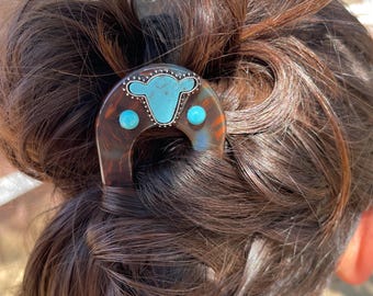 Vintage Western U Hair Clip, Cowgirl Turquoise Charm Accessory