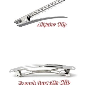 May include: A silver-toned metal alligator clip with a serrated edge and a silver-toned metal French barrette clip with a curved, open-frame design. The text Aligator Clip is positioned below the top clip and French Barrette Clip below the bottom.