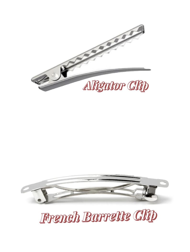 May include: A silver-toned metal alligator clip with a serrated edge and a silver-toned metal French barrette clip with a curved, open-frame design. The text Aligator Clip is positioned below the top clip and French Barrette Clip below the bottom.