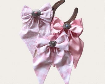 Pink toile and gingham hair bows- satin bow with tails- coquette accessories