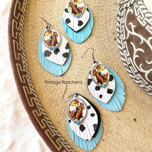 Vintage  Pin- up Cowgirl earrings,  Rodeo girl accessories , Cowprint and Turquoise handcrafted jewelry