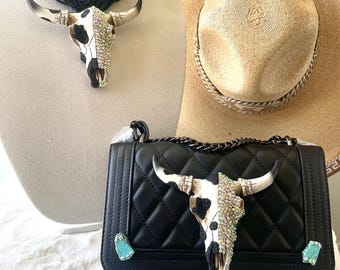Rhinestone and Cowprint crossbody bag, bullhead purse, handcrafted western necklace, western jewelry