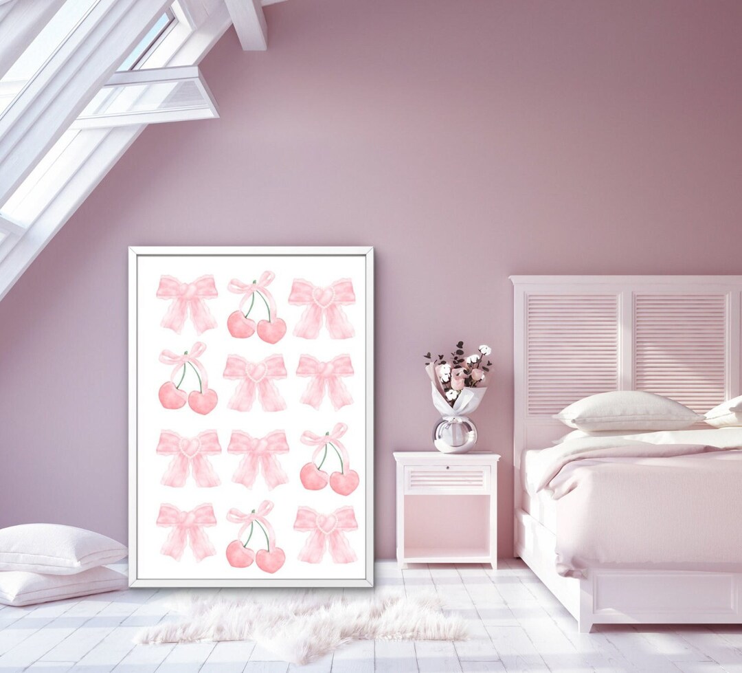 Coquette Room Decor Trendy Pink Bows Wall Art Preppy Poster Watercolor ...