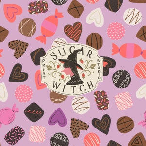 May include: A purple background with a repeating pattern of various candy and heart shapes. The center of the pattern features a large circle with the text "Sugar Witch Print Studio".
