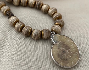 Beaded Necklace with Ammonite Fossil Pendant Sterling silver clasp. Statement necklace.