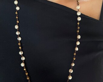 Hand Knotted Pearl Necklace, Silk Cord, Antiqued Brass Beads, 32" Long