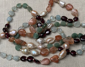 Multi Gemstone Pearl Necklace, 14k Gold Filled, Handmade Summer Jewelry