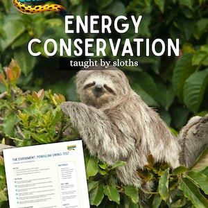 May include: A science investigation titled "Energy Conservation" featuring a sloth. The image includes text that reads "Creature Curriculum" and "taught by sloths." A document titled "The Experiment: Pendulum Swing Test" is also visible.