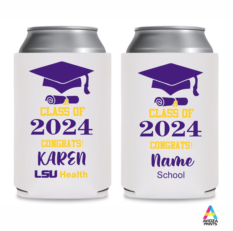 May include: White can coolers with purple and yellow graduation-themed designs. One cooler says "Class of 2024 Congrats! Karen LSU Health." The other says "Class of 2024 Congrats! Name School."
