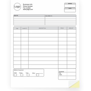 May include: A blank invoice template with fields for item, quantity, description, price, and amount. It also includes sections for sold to, delivered to, method of payment, subtotal, tax, and total.