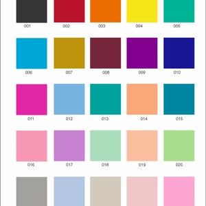 May include: A color chart featuring 25 squares in various colors, each labeled with a number. Colors include black, red, orange, yellow, teal, blue, gold, burgundy, purple, and pink. The bottom right corner has the text "AVIDZA PRINTS".
