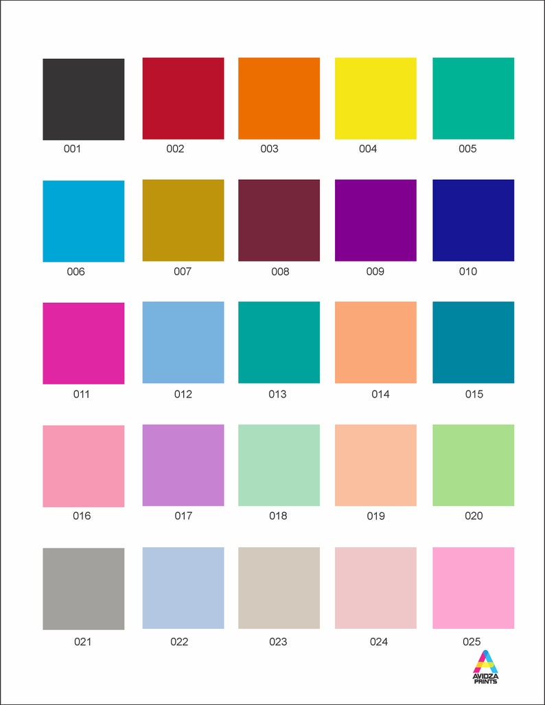 May include: A color chart featuring 25 squares in various colors, each labeled with a number. Colors include black, red, orange, yellow, teal, blue, gold, burgundy, purple, and pink. The bottom right corner has the text "AVIDZA PRINTS".