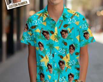 Custom Multi-color Face and Numbers Hawaiian Shirt Coconut Tree and Pineapple Gift for Men, Button Downs Shirt for Men, Gift for father