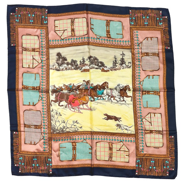 Altea Milano Italy Vintage Silk Scarf- Winter Scene with horses, dogs and sled