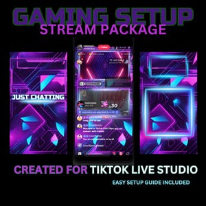 Op de afbeelding: Een paars en blauw neon-thema grafisch ontwerp voor een gaming setup streampakket. Het ontwerp bevat een neon vierkant met de tekst "JUST CHATTING" in wit. Het ontwerp is gemaakt voor TikTok Live Studio en bevat een eenvoudige installatiehandleiding.