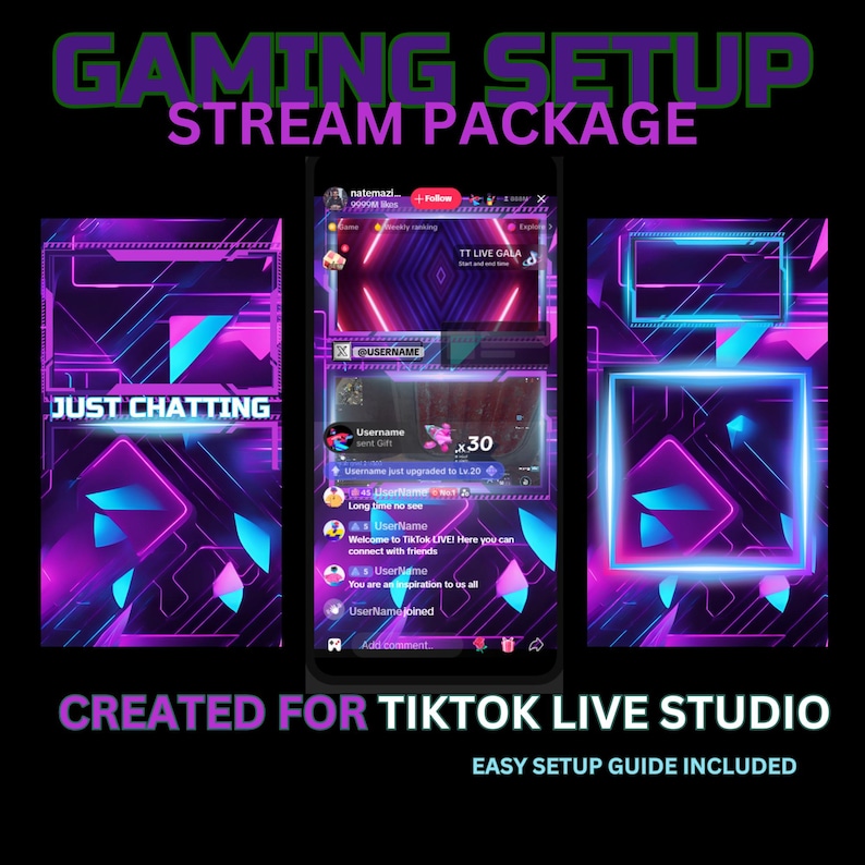 pink and blue image of 3 tiktok live overlays displaying just chatting overlay, one with gameplay and cam overlay, and one gameplay camera overlay