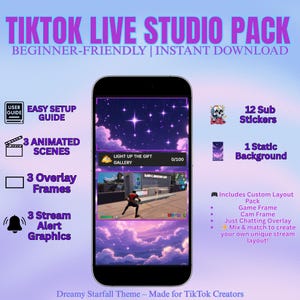 May include: A promotional image for a TikTok Live Studio Pack. The image features a smartphone displaying a dreamy, purple-themed live stream interface. Text includes "Beginner-Friendly | Instant Download" and details like animated scenes, overlay frames, and stream alert graphics.