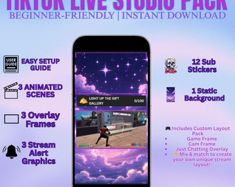 May include: A promotional image for a TikTok Live Studio Pack. The image features a smartphone displaying a dreamy, purple-themed live stream interface. Text includes "Beginner-Friendly | Instant Download" and details like animated scenes, overlay frames, and stream alert graphics.