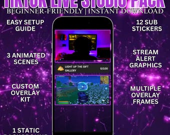 May include: A dark purple graphic promoting a TikTok Live Studio Pack. The pack includes an easy setup guide, 3 animated scenes, a custom overlay kit, and a static background. It also features 12 sub stickers, stream alert graphics, and multiple overlay frames. The theme is Dark Galaxy.