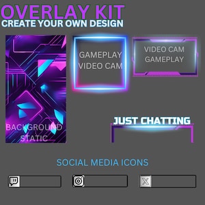 overlay kit images featuring static background. a gameplay design neon pink box shape thats transparent , neon pink video cam box transparent background, just chatting half box neon blue transparent back, 3 social media icons tranparent background