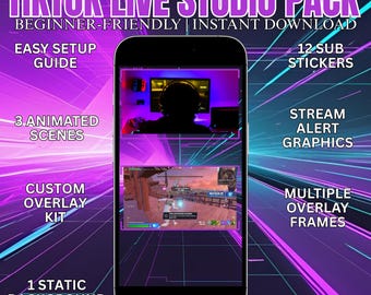 May include: A promotional graphic for a TikTok Live Studio Pack. The image features a smartphone displaying streaming scenes, with text overlaying the image. The text includes "Beginner-Friendly," "Instant Download," and details like "Easy Setup Guide" and "Stream Alert Graphics."