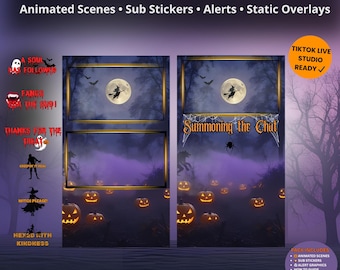 May include: A Halloween-themed stream overlay kit with animated scenes, sub stickers, and alerts. The design features a witch flying in front of a full moon, jack-o'-lanterns, and the text "Summoning the Chat."