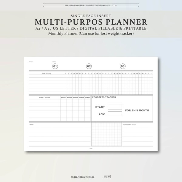 Multi-Purpose Monthly Planner | Fitness Health Goals | A3, A4, US Letter | Printable & Digital | Reusable Fillable | Eco-friendly template