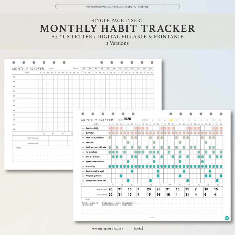 Monthly Habit Tracker Planner - Printable A4 & US Letter, Digital A4 ...