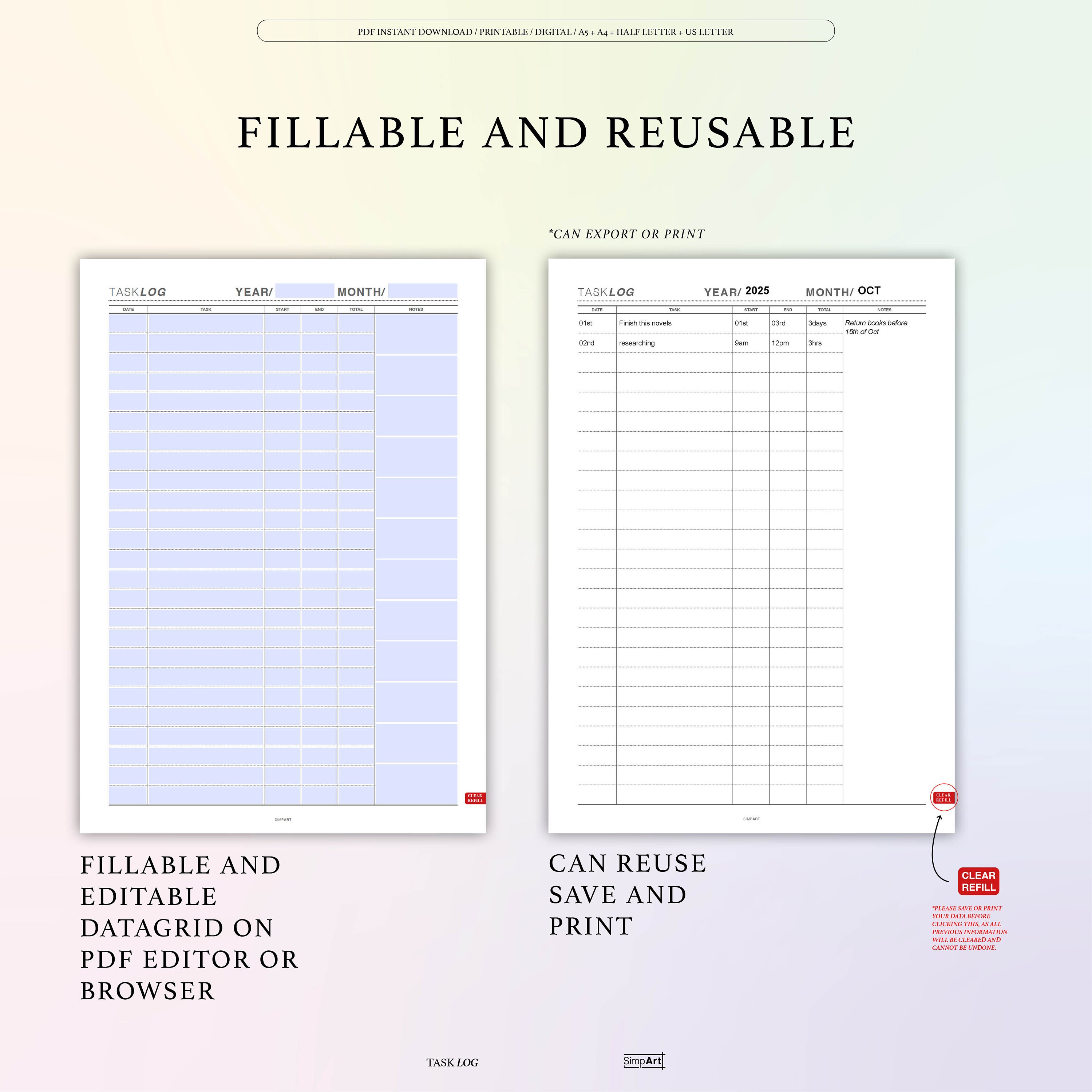 Task Log Planner Template Printable A4, A5, Half, US, Digital A4 ...