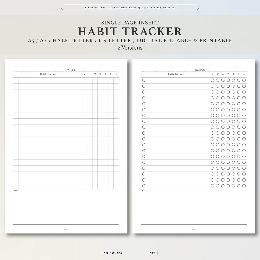 Printable Habit Tracker Template Includes A5, A4, US Letter, Half-size ...