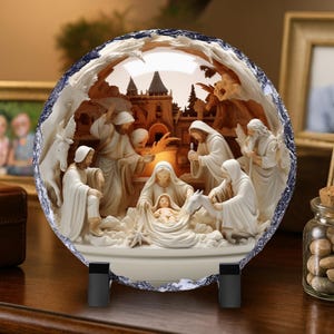 May include: A round, off-white nativity scene sculpture with a detailed depiction of the birth of Jesus. The sculpture features figures in white robes, a baby in a manger, and a backdrop of a building. The sculpture is mounted on a white base with two black supports.