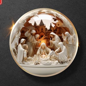 May include: A detailed, circular relief sculpture depicting the Nativity scene, featuring figures in flowing robes, a baby in a manger, and architectural elements. The text reads "3D Effect, Flat Coin, Not Glass Globe or Ball."