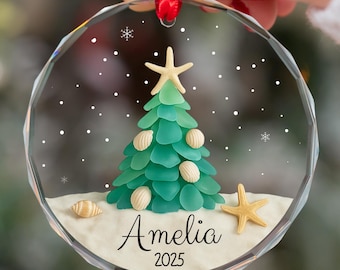 Personalized Sea Glass Ornament, Beach-Inspired Ornament, Unique Christmas Tree with Sea Glass and Shells, Ocean Lover Gift, Beach Lovers