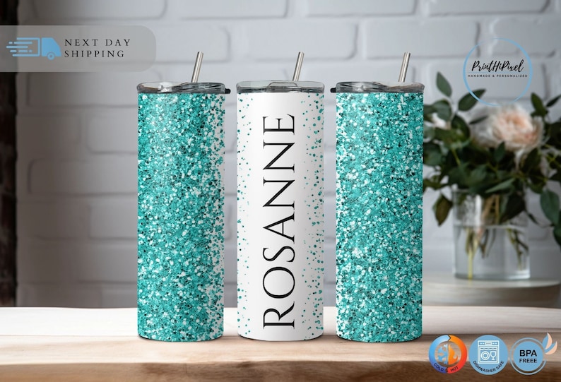 Personalized Glitter Name Tumbler, Custom Tumbler Glitter Effect, Silver Glitter Tumbler, Beach Tumbler, Summer Tumbler,Glitter 20oz Tumbler