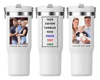 May include: White insulated tumbler with a silver rim and handle. The tumbler features a custom photo and text area. One tumbler has a family photo, another has text that says "YOUR CUSTOM TUMBLER WITH PHOTO TEXT LOGO", and the third has a family photo.