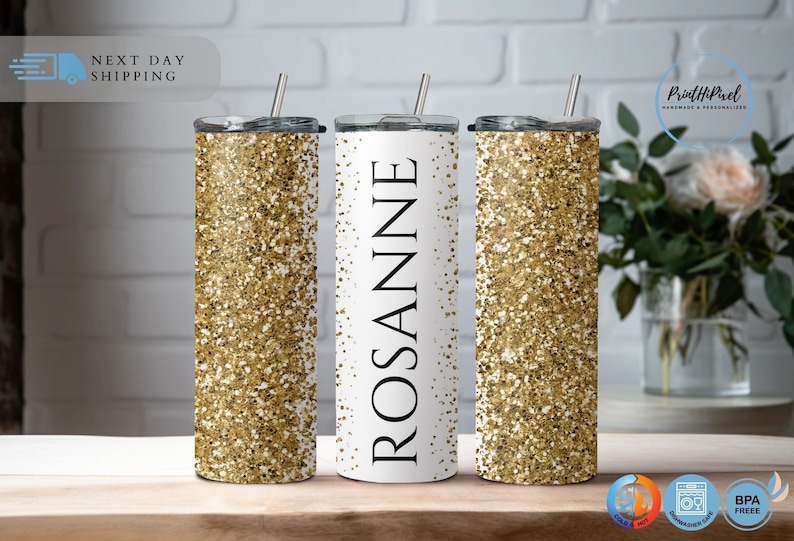 Personalized Glitter Name Tumbler, Custom Tumbler Glitter Effect, Silver Glitter Tumbler, Beach Tumbler, Summer Tumbler,Glitter 20oz Tumbler