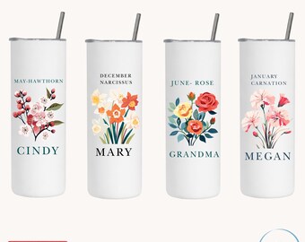 Custom Birth Flower Tumbler, Floral cup with name, Bridesmaid Proposal, Birthday/Christmas/Mothers Day Gift for her