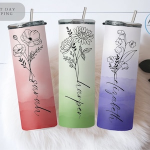 Birth Flower Name Tumbler with Straw, Personalized Name Tumbler Custom Birth Flower Tumbler, Bridesmaid Tumbler, Birthday Tumbler