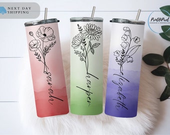 Birth Flower Name Tumbler with Straw, Personalized Name Tumbler Custom Birth Flower Tumbler, Bridesmaid Tumbler, Birthday Tumbler